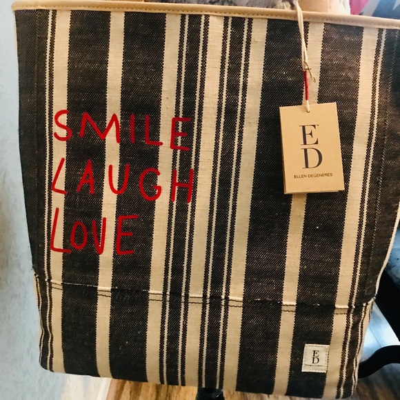 ED by Ellen Degeneres-LIVE LAUGH LOVE large cream/dark jean striped tote NWT - Picture 6 of 11